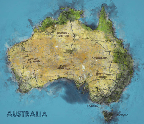 Υδατογραφία Εικονογράφηση της Αυστραλίας Χάρτης - Φωτογραφία, εικόνα