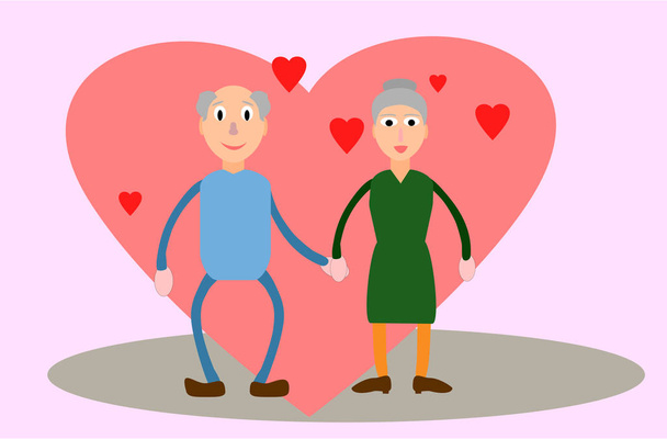 Valentine's day . old man and woman still in love surrounded by a big heart and rose flowers - Vector, Image