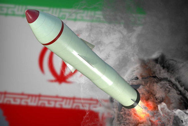 Lancement du missile. Drapeau iranien en arrière-plan. Illustrtra rendu 3D
 - Photo, image