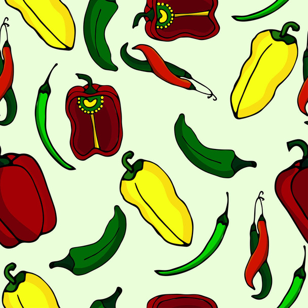 Seamless pattern of colorful sweet peppers and chili peppers on a light green background. - Vettoriali, immagini