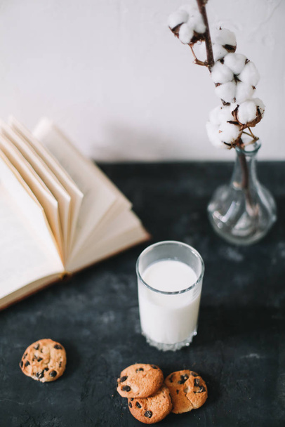 Glass with fresh milk and chocolate chips cookies.  Oatmeal cookies  and glass of milk for breakfast. Healthy good morning - Photo, image