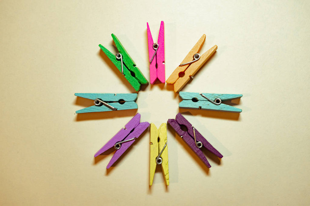 Clothespins laying on white background, design mockup, place for your text - Photo, Image