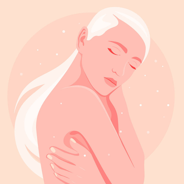 Love yourself and care for your body. Girl hugs herself. Relaxation. Self help. Psychological and physical health. Vector flat illustration - ベクター画像