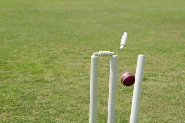 Cricket ball hitting stumps - Fotoğraf, Görsel