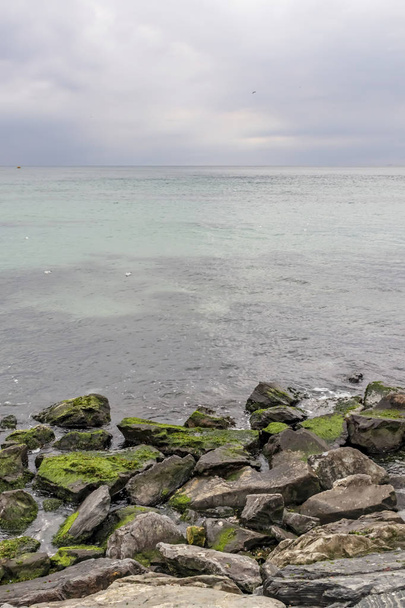 θέα θάλασσα marmara κατά τη χειμερινή περίοδο και συννεφιασμένο καιρό με ακτή θάλασσα και βράχια - Φωτογραφία, εικόνα