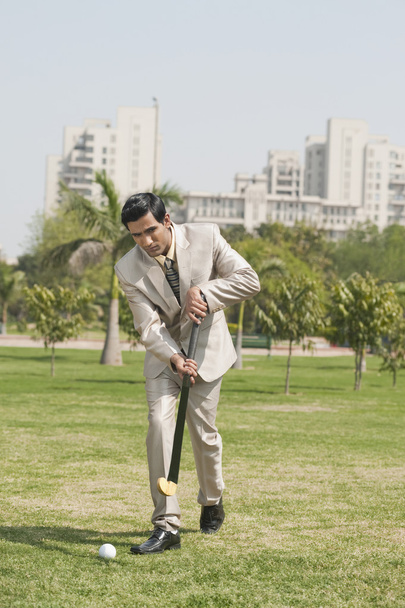 Businessman playing hockey in a park - Foto, imagen