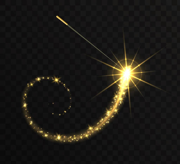 Magic wand with golden swirl and sparkles isolated on transparent background. - Vector, Image