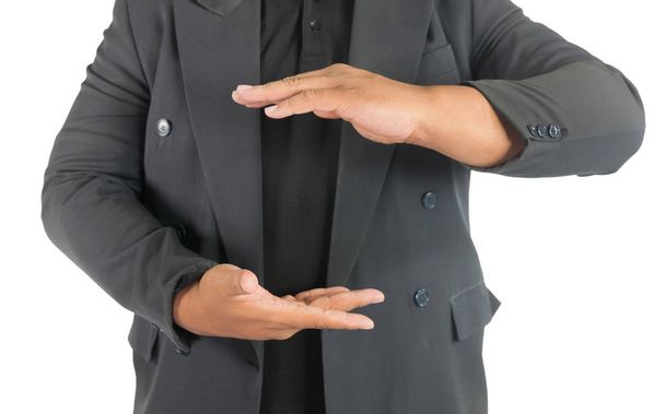 Business man showing a size on white isolated background - Φωτογραφία, εικόνα