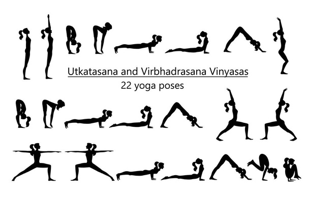 Set of vector silhouettes of woman doing yoga exercises. Icons of flexible girl stretching her body in different yoga poses. Black shapes of woman isolated on white background. - Vector, Image