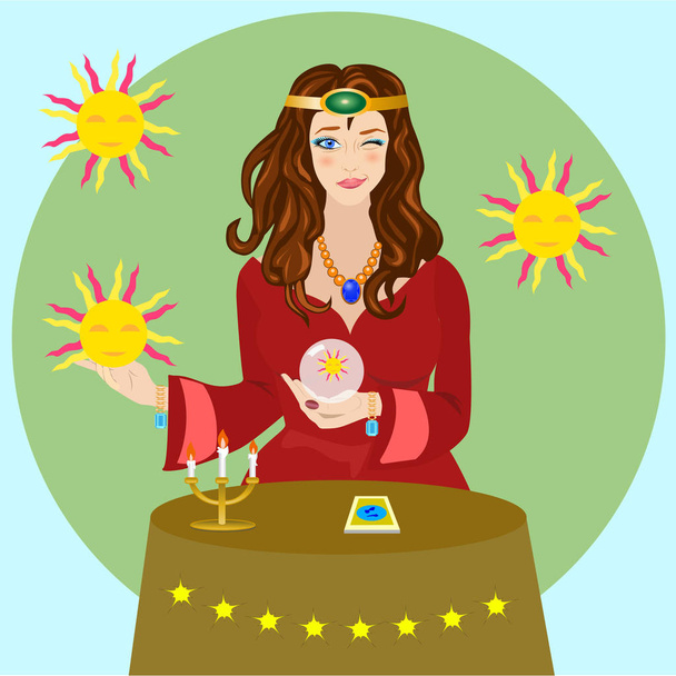 Fortuneteller predicts future, work and luck in the card of the sun - Vector, Image
