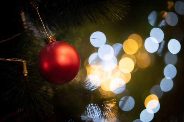 Güzel Noel süslemelerinin kapanışı. Noel ağacında asılı kırmızı bir Noel topu. - Fotoğraf, Görsel