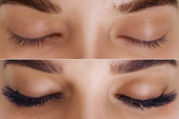Eyelash Extension. Comparison of female eyes before and after. - Photo, Image