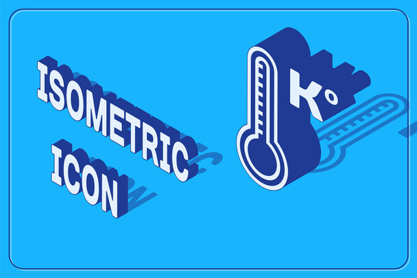 Izometryczny termometr meteorologiczny mierzący ciepło i zimną ikonę izolowany na niebieskim tle. Temperatura Kelvina. Ilustracja wektora - Wektor, obraz