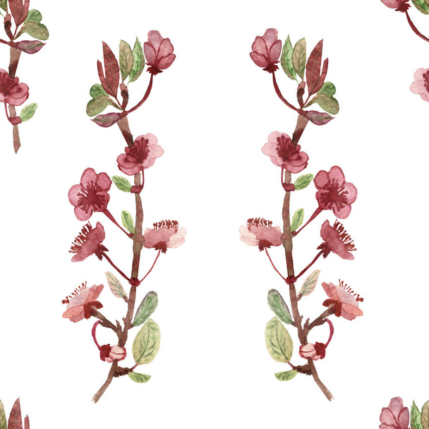 Watercolor hand painted nature floral seamless pattern with apple blossom pink flowers on the branches with green leaves isolated on the white background, trendy print for design elements  - Photo, image