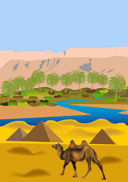 Affiche verticale, bannière avec paysage africain égyptien. Pyramides, chameau, rivière, colline, palmiers, sable, montagnes, dunes. Illustration vectorielle Web
. - Vecteur, image