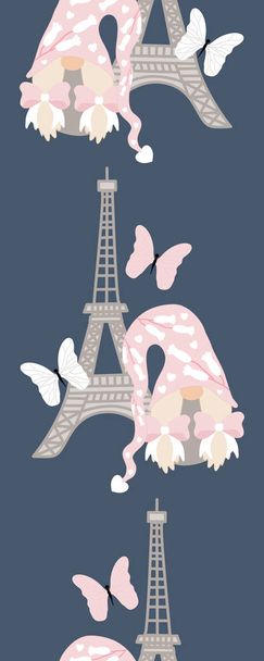 Vertical seamless border with cute valentine gnome and tour eiffel. - Wektor, obraz