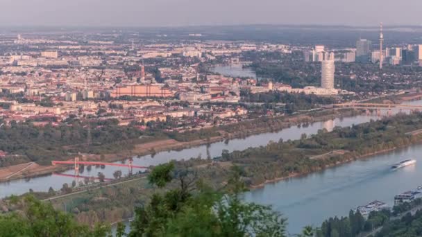 Skyline of Vienna from Danube Viewpoint Leopoldsberg aerial timelapse. - Video, Çekim