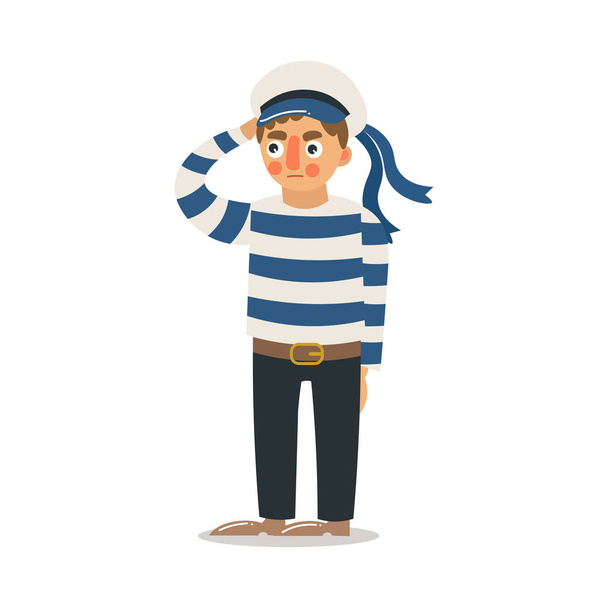 Man sailor in striped uniform standing and greeting vector illustration - Vecteur, image