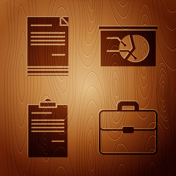 Aseta salkku, asiakirja, asiakirja ja hallituksen kaavio puinen tausta. Vektori
 - Vektori, kuva