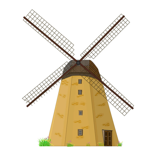 風車は白い背景に隔離されています。プロペラ付きの伝統的な田舎の家の工場。古い風車の建物。漫画のフラット古代の中世の建物。生態系、風力再生可能エネルギー、農業。ベクトル - ベクター画像