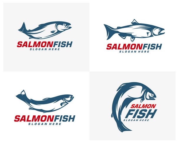 Salmon Fish λογότυπο διάνυσμα σχεδιασμού. Εικόνα προτύπου σχεδίασης λογότυπου αλιείας. Λογότυπο αθλητικής αλιείας - Διάνυσμα, εικόνα