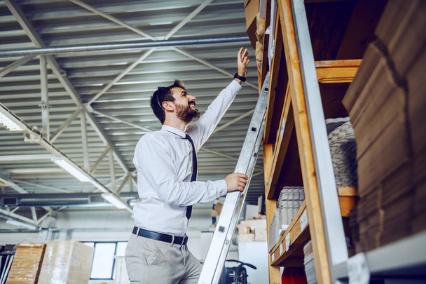 Full length of Caucasian bearded smiling graphic engineer standing on ladder and trying to reach box. Printing shop interior. - Foto, afbeelding