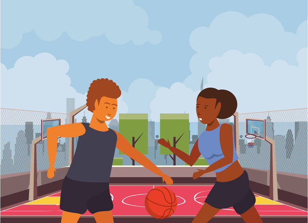 若い2人の選手が風船でバスケットボールをし - ベクター画像