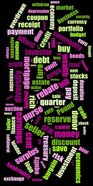クラウドタイポグラフィの概念図をタグ付けする。用語-金融と経済。色:青紫・紫心・王紫・梅・鮮やかな紫. - 写真・画像