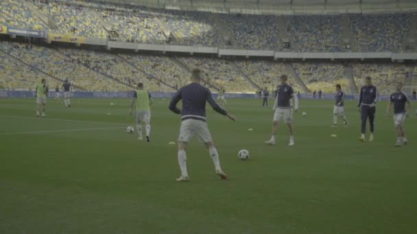 Training football soccer players at the stadium. Warm up. Olimpiyskiy. Kyiv. Ukraine - Video, Çekim
