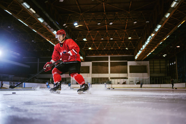 Dedicated strong caucasian handsome hokey player playing hockey on ice in hall. - Photo, Image