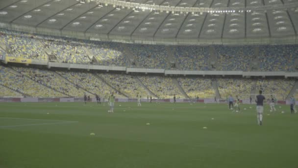 Training football soccer players at the stadium. Warm up. Olimpiyskiy. Kyiv. Ukraine - Filmati, video