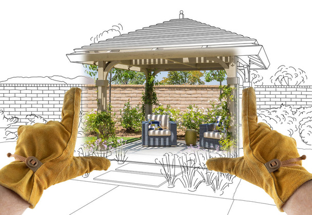 Male Contractor Hands Framing Completed Section of Custom Pergola Patio Cover Design Drawing - Photo, Image