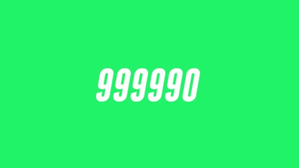 Animated counter 999900-1000000 white jumping symbols on green background. Flat design counting number to one million hits. 4K digital video. - Footage, Video