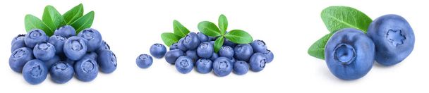 fresh blueberry with leaves isolated on white background closeup. Set or collection - Photo, Image