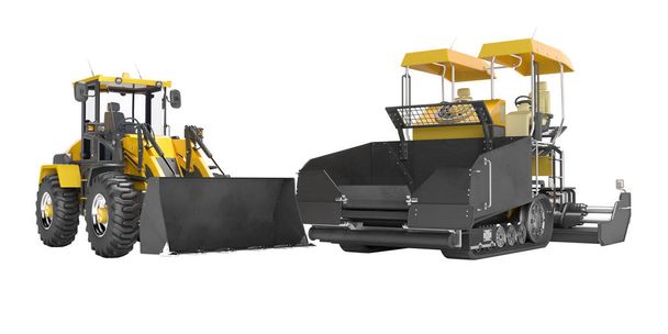 Construction road machinery yellow tracked paver and wheeled bul - Photo, Image
