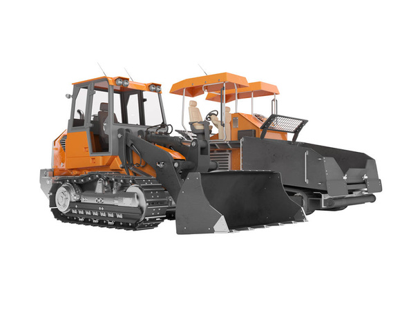Maquinaria de carretera pavimentadora naranja y con tractor bulldozer orugado 3
 - Foto, Imagen
