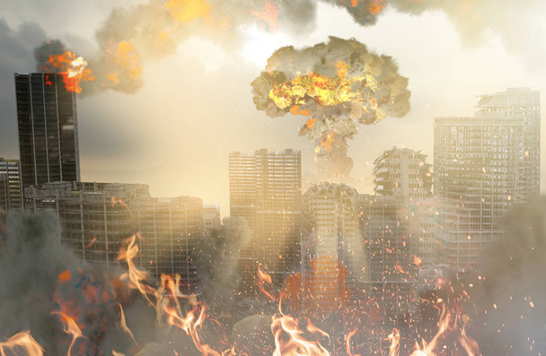atomic explosion in a post-apocalyptic city 3D render - Photo, Image