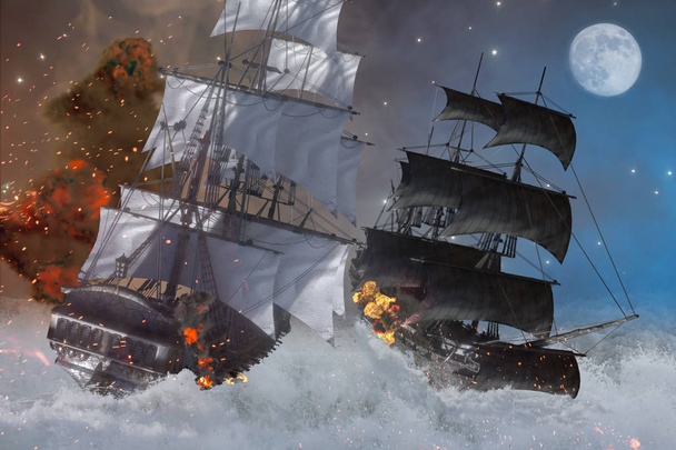 námořní bitva pirátská loď 3d vykreslení - Fotografie, Obrázek