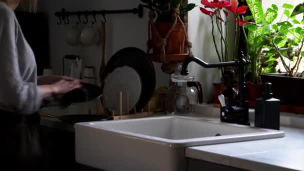 mujer limpia los platos en la cocina
 - Metraje, vídeo