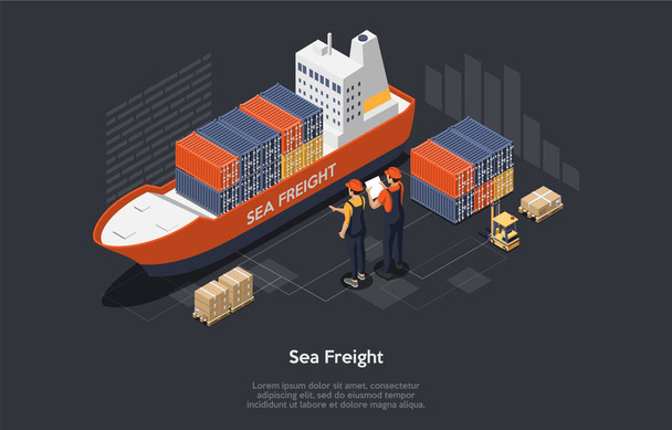 グローバル物流ネットワークの概念。貨物船、コンテナ、フォークリフト、労働者のセット。海上輸送海上輸送多数の海上貨物を輸送するために設計されたオンタイム配送。平式 - ベクター画像