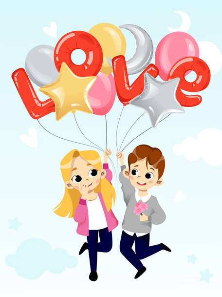 Cheerful boy and girl are holding air balloons. Boy holds the flowers. Flat style. Vector illustration - Vetor, Imagem