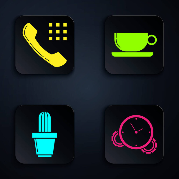 Set Gestión de tiempo, teléfono, cactus y suculentas en maceta y taza de café plana. Botón cuadrado negro. Vector
 - Vector, imagen