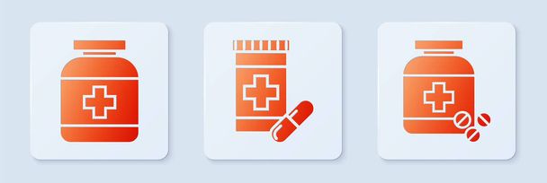 Набор медицинских бутылок и таблеток, бутылки с лекарствами и пузырьки с лекарствами и таблетки. Белая квадратная кнопка Вектор
 - Вектор,изображение