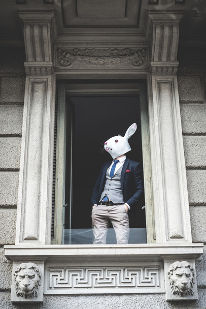 Человек в маске кролика появился у окна
 - Фото, изображение
