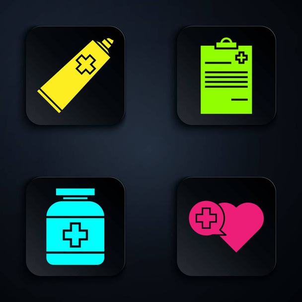 Set Heart with a cross, Ointment cream tube medicine, Medicine bottle and Medical clipboard with clinical record. Black square button. Vector - Vector, Image