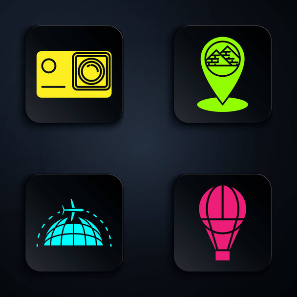 Set Hot air balloon, Action extreme camera, Globe with flying plane and Map pointer with Egypt pyramids. Black square button. Vector - Διάνυσμα, εικόνα