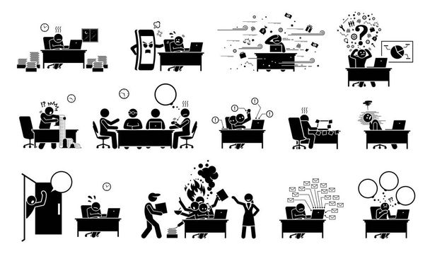 Busy executive, CEO, worker, or businessman at office stick figure pictogram icons. Vector illustrations of overworked, exhausted, tired, and overloaded man with too much work and distractions. - Vector, Image