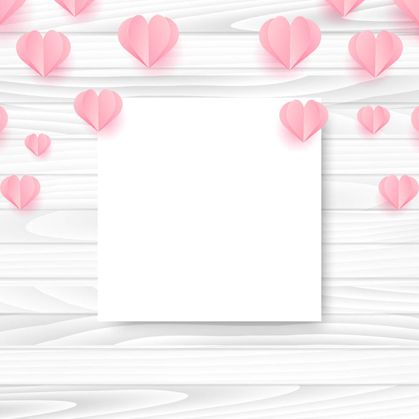 Valentines Day card with flying origami hearts on wooden background. Vector - Vector, imagen