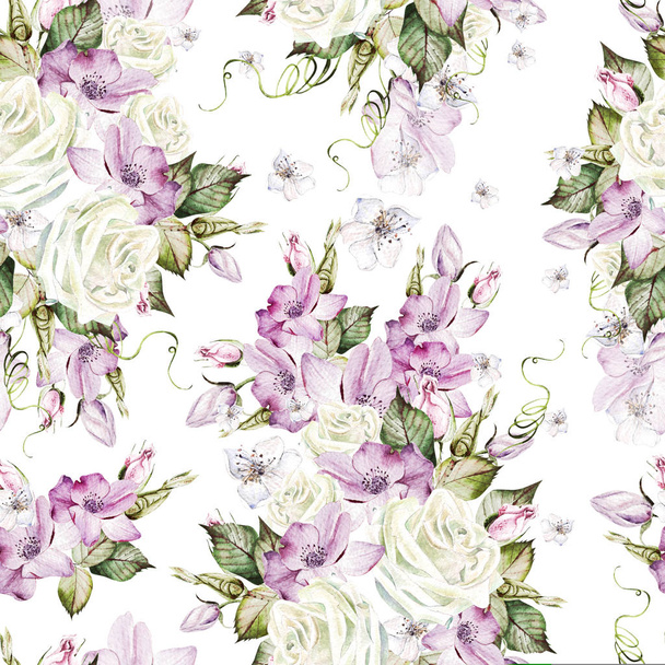 Υδατογραφία μοτίβο γάμου με τριαντάφυλλα και άνθη ανεμώνης.   - Φωτογραφία, εικόνα