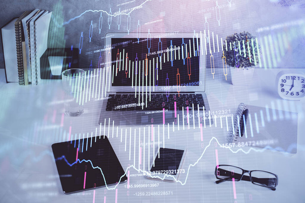Forex market chart hologram and personal computer background. Multi exposure. Concept of investment. - Foto, imagen